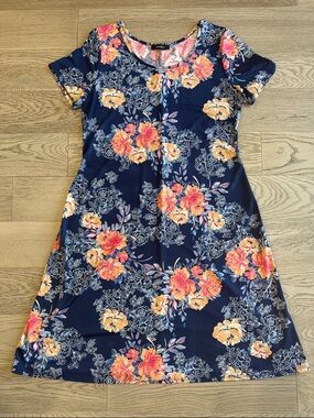 MANDEE Navy Floral A-Line Short Sleeve Dress - Large
